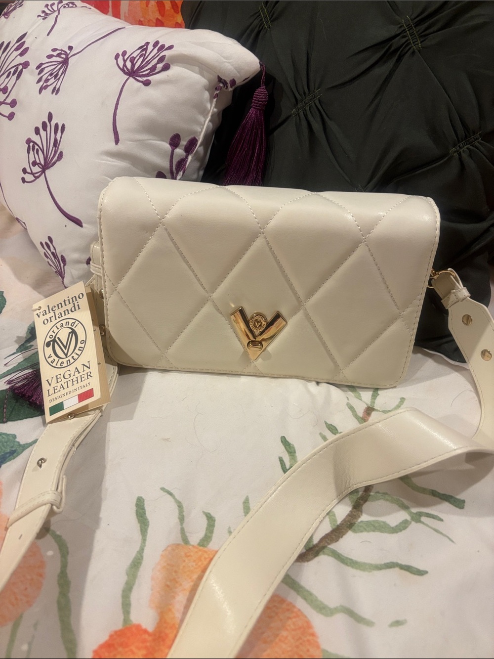 Valentino Orlandi Winter White Quilted Crossbody with Gold V-Logo